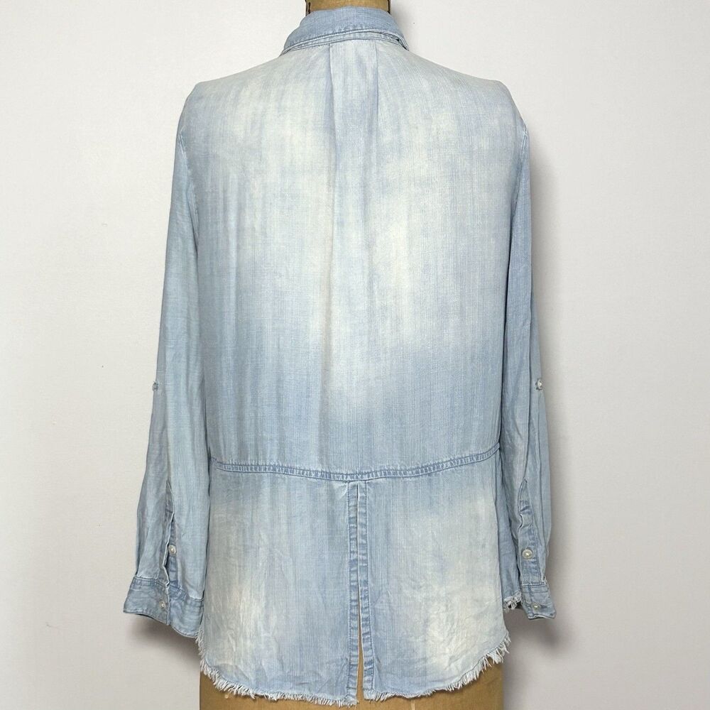 Harper Chambray Button Up Shirt Women M Lyocell High Low Frayed Hem - Picture 2 of 10